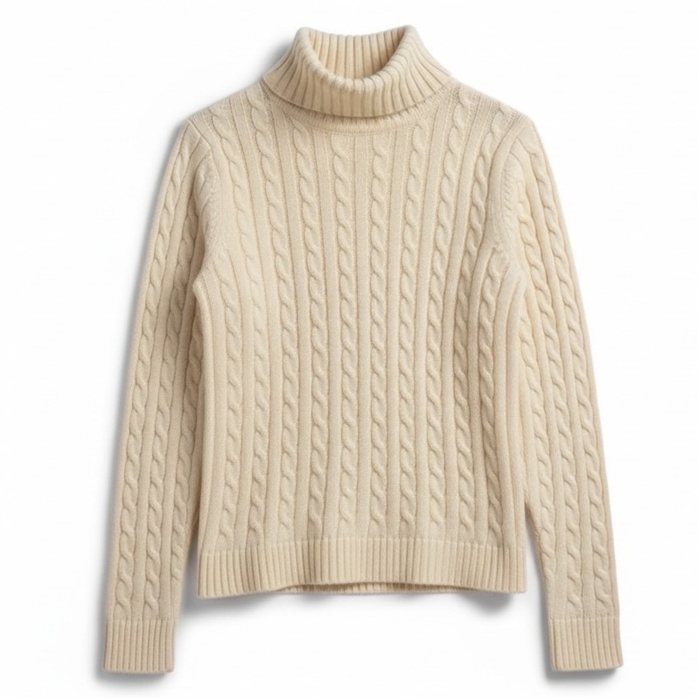 L.L. Bean Heritage Fisherman Sweater Cream Cable Knit Cotton Turtleneck Small